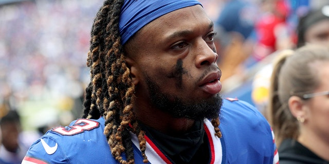 Damar Hamlin of the Buffalo Bills walks to the tunnel during halftime against the Pittsburgh Steelers at Highmark Stadium on Oct. 9, 2022, in Orchard Park, New York.