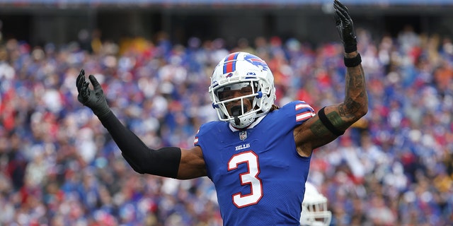 Damar Hamlin of the Buffalo Bills is shown during a game at Highmark Stadium on Oct. 9, 2022, in Orchard Park, New York.