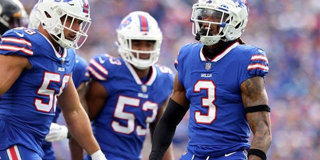 Damar Hamlin of the Buffalo Bills reacts after a tackle for a loss against the Pittsburgh Steelers at Highmark Stadium on Oct. 9, 2022, in Orchard Park, New York.