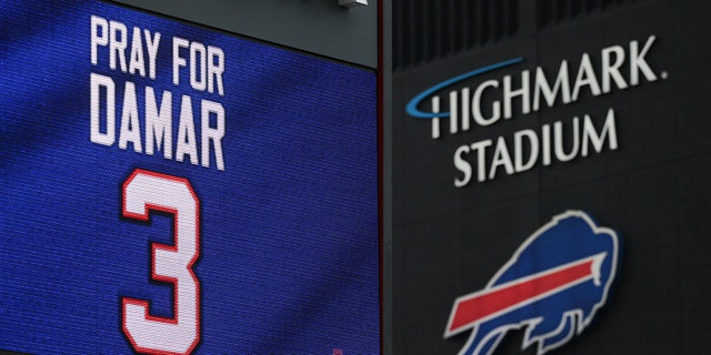 A sign shows support for Buffalo Bills safety Damar Hamlin outside Highmark Stadium Tuesday, Jan. 3, 2023, in Orchard Park, N.Y.