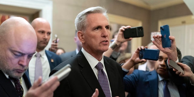 Rep. Kevin McCarthy, R-Calif., talks to reporters after the House voted to adjourn for the evening as the House met for a second day to elect a speaker and convene the 118th Congress in Washington, Wednesday, Jan. 4, 2023.  (AP Photo/Jose Luis Magana)