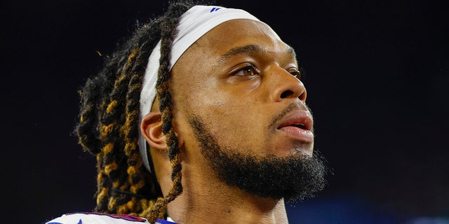 Buffalo Bills defensive back Damar Hamlin, #3, leaves the field after an NFL football game against the New England Patriots, Thursday, Dec. 1, 2022, in Foxborough, Massachusetts.