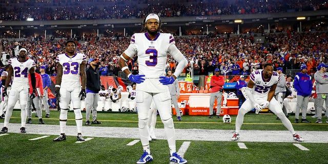 Damar Hamlin #3 of the Buffalo Bills stands near the sidelines during introductions prior to an NFL football game against the Cincinnati Bengals at Paycor Stadium on January 2, 2023 in Cincinnati, Ohio.