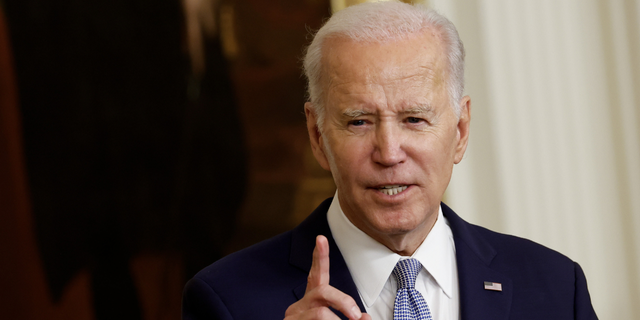 U.S. President Joe Biden speaks during a ceremony at the White House.