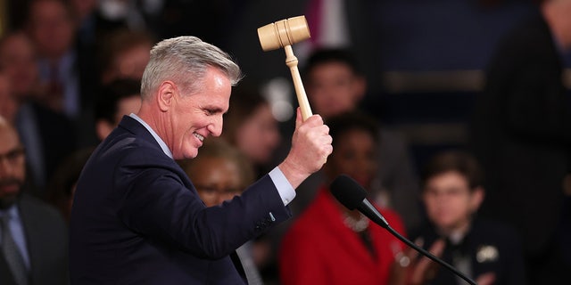 U.S. Speaker of the House Kevin McCarthy (R-CA) celebrates with the gavel after being elected in the House Chamber at the U.S. Capitol Building on January 07, 2023 in Washington, DC.