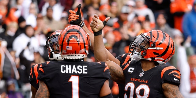 Joe Mixon of the Bengals celebrates his touchdown by flipping a coin in the end zone on Jan. 8, 2023, in Cincinnati.