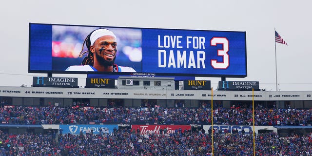 The scoreboard depicts a message of support for Damar Hamlin during the New England Patriots and Buffalo Bills game at Highmark Stadium on Jan. 8, 2023, in Orchard Park, New York.