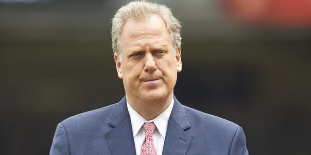 New York Yankees broadcaster Michael Kay during Joe Torre's number retirement ceremony before game vs Chicago White Sox at Yankee Stadium.  Bronx, NY 8/23/2014 