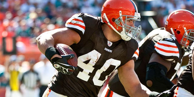 Running back Peyton Hillis of the Cleveland Browns rushes against the Dolphins at Sun Life Stadium on Dec. 5, 2010, in Miami, Florida. Cleveland won, 13-10.