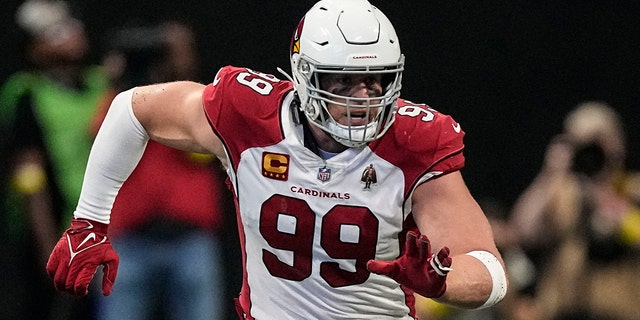 Arizona Cardinals defensive end J.J. Watt (99) runs into the Atlanta Falcons backfield during the first half of an NFL football game, Sunday, Jan. 1, 2023, in Atlanta.