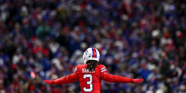 Damar Hamlin of the Buffalo Bills celebrates after a play during the second quarter of an NFL game against the Miami Dolphins at Highmark Stadium in Orchard Park, New York, on Dec. 17, 2022.