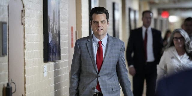 Rep. Matt Gaetz, R-Fla., walks to a closed-door GOP caucus meeting at the U.S. Capitol on Jan. 10, 2023, in Washington, D.C.