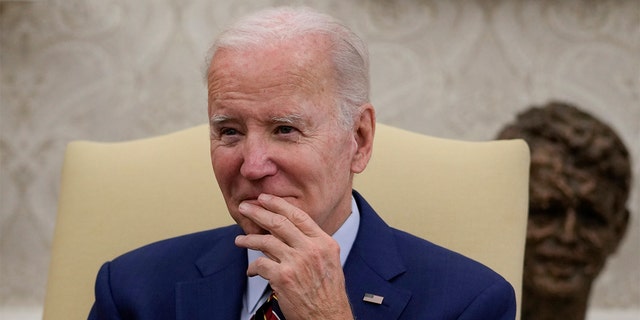 President Biden pauses as he meets with Dutch Prime Minister Mark Rutte in the Oval Office of the White House in Washington, Tuesday, Jan. 17, 2023. 