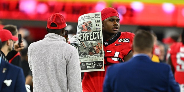 Georgia's Devin Willock celebrates after winning the national championship at SoFi Stadium in Inglewood, California, on Jan. 9, 2023.