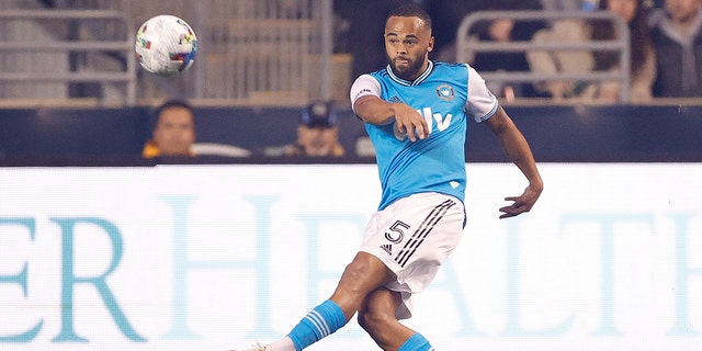 Anton Walkes, #5 of Charlotte FC, passes the ball against Philadelphia Union at Subaru Park on April 2, 2022, in Chester, Pennsylvania. 