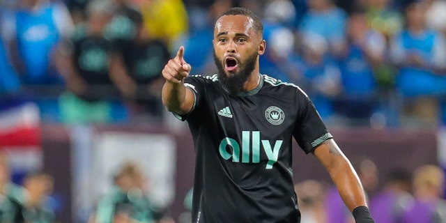 Anton Walkes (5) of Charlotte FC gives direction to his defense during a soccer match between the Charlotte FC and D.C. United on Aug 3, 2022, at Bank of America Stadium in Charlotte, NC.