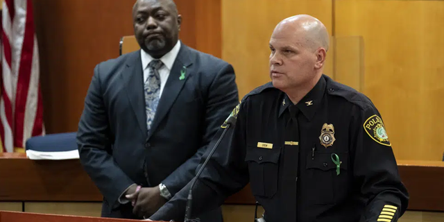 Newport News Chief of Police Steve Drew, right, and Newport News Superintendent George Parker answer questions regarding a teacher being shot by an armed six-year-old at Richneck Elementary School during a press conference at the Newport News Public Schools Administration Building in Newport News, Va., on Monday, Jan. 9, 2023. 