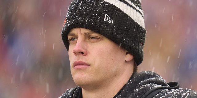 Joe Burrow of the Cincinnati Bengals before kickoff against the Buffalo Bills at Highmark Stadium on Jan. 22, 2023, in Orchard Park, New York.