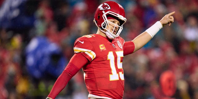 Patrick Mahomes of the Kansas City Chiefs reacts after a play against the Jacksonville Jaguars at Arrowhead Stadium on Jan. 21, 2023.