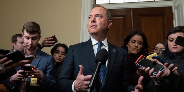 Rep. Adam Schiff, D-Calif., speaks to reporters as he departs the final meeting of the House Select Committee to Investigate the January 6 Attack on the U.S. Capitol in the Canon House Office Building on Capitol Hill on December 19, 2022, in Washington, DC.