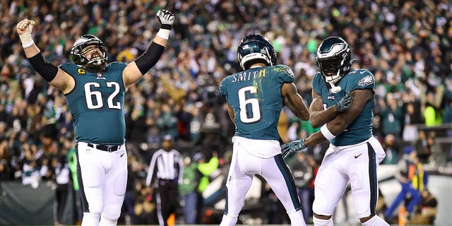 DeVonta Smith, #6 of the Philadelphia Eagles, celebrates his touchdown with teammate A.J. Brown, #11, during the first quarter against the New York Giants in the NFC Divisional Playoff game at Lincoln Financial Field on Jan. 21, 2023 in Philadelphia.