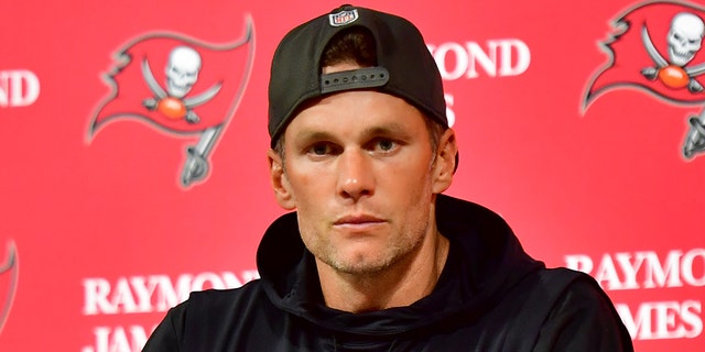 Tom Brady of the Buccaneers speaks to the media after losing to the Dallas Cowboys 31-14 in the NFC wild-card playoff game at Raymond James Stadium on Jan. 16, 2023, in Tampa, Florida.