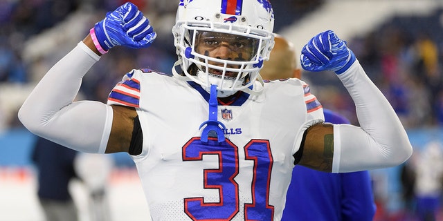 FILE - Buffalo Bills safety Damar Hamlin (31) is shown before an NFL football game against the Tennessee Titans on Monday, Oct. 18, 2021, in Nashville, Tenn.