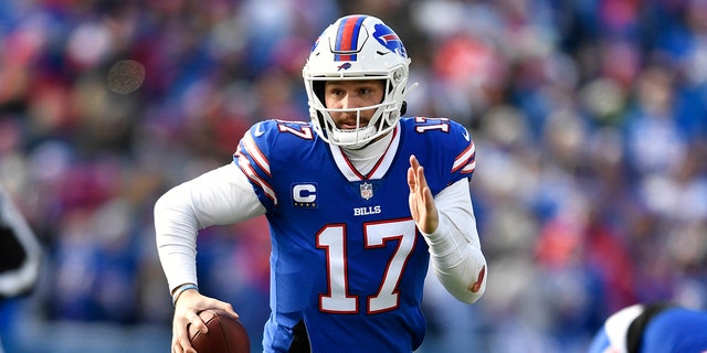 Buffalo Bills quarterback Josh Allen looks to pass against the Miami Dolphins, Jan. 15, 2023, in Orchard Park, New York.