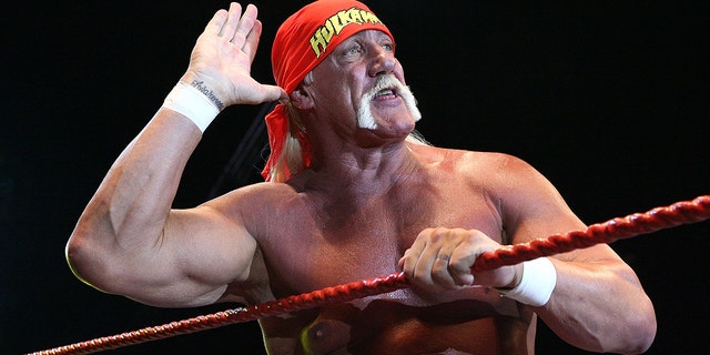 Hulk Hogan gestures to the audience during his Hulkamania Tour at the Burswood Dome on November 24, 2009 in Perth, Australia.