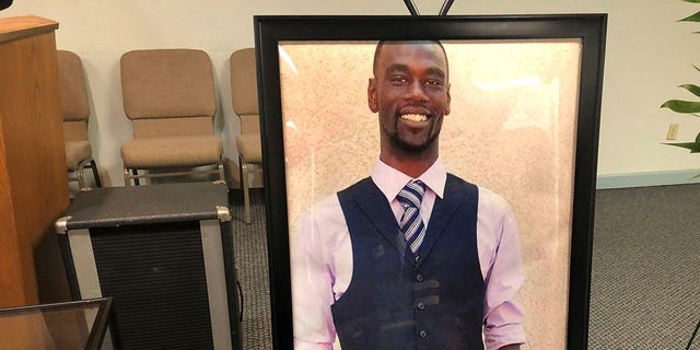 A portrait of Tyre Nichols is displayed at a memorial service for him on Tuesday, Jan. 17, 2023 in Memphis, Tennessee. Nichols was killed during a traffic stop with Memphis Police on Jan. 7. 