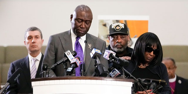 Civil rights attorney Ben Crump speaks at a news conference with the family of Tyre Nichols, who died after an encounter with Memphis police officers. Vaughn Wells, mother of Tyre, right, and Tyre's stepfather Rodney Wells, along with attorney Tony Romanucci, left, also stand with Crump, in Memphis, Tennessee, Monday, Jan. 23, 2023. 