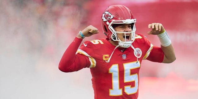 Patrick Mahomes of the Kansas City Chiefs celebrates before playing the Jacksonville Jaguars.