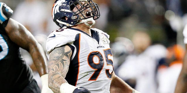 Derek Wolfe #95 of the Denver Broncos celebrates after a sack in the third quarter against the Carolina Panthers during Super Bowl 50 at Levi's Stadium on February 7, 2016 in Santa Clara, California.