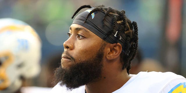 Jessie Lemonier, #58 of the Los Angeles Chargers, looks on in the first quarter during the NFL preseason game against the Seattle Seahawks at Lumen Field on Aug. 28, 2021 in Seattle.