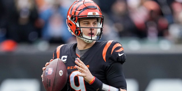 Joe Burrow of the Cincinnati Bengals drops back to pass in the first quarter against the Baltimore Ravens at Paycor Stadium Jan. 8, 2023, in Cincinnati.