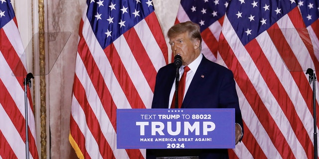 Former President Donald Trump speaks at the Mar-a-Lago Club in Palm Beach, Florida, Tuesday, Nov. 15, 2022. Trump formally entered the 2024 presidential race.