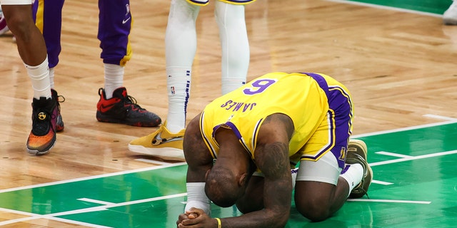 Jan 28, 2023; Boston, Massachusetts, USA; Los Angeles Lakers forward LeBron James (6) reacts during the second half against the Boston Celtics at TD Garden.