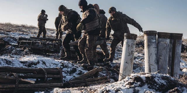 DONETSK, UKRAINE - JANUARY 07: Ukrainian soldiers work with "pion" artillery in the northern direction of the Donbass frontline as Russia-Ukraine war continues in Donetsk, Ukraine on January 7, 2023.