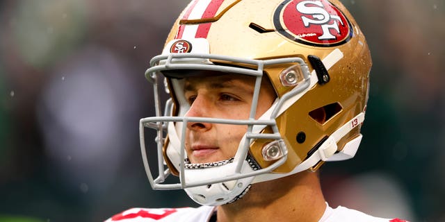 Brock Purdy of the San Francisco 49ers warms up prior to the NFC Championship Game at Lincoln Financial Field on Jan. 29, 2023, in Philadelphia.