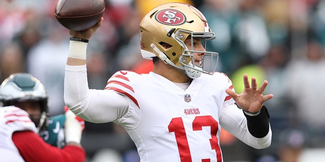 San Francisco 49ers quarterback Brock Purdy throws a pass against the Eagles during the NFC Championship Game at Lincoln Financial Field in Philadelphia on Jan. 29, 2023.