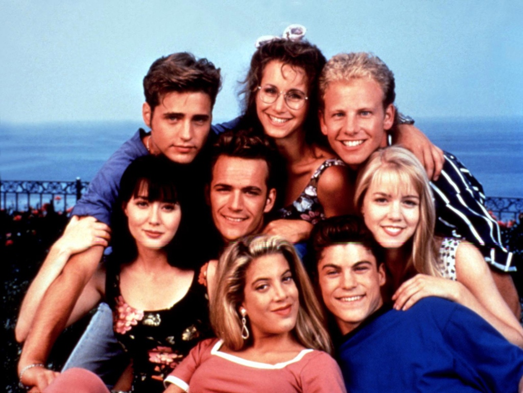 Spelling and Garth were both in their teens when they exploded into the spotlight with starring roles on "90210" back in 1990. They are pictured with their co-stars.