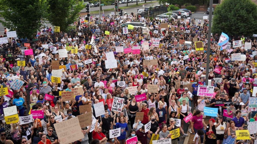 Demonstrators gather in front of Planned Parenthood after the United States Supreme Court ruled in the Dobbs v. Jackson Women's Health Organization Abortion case, overturning the landmark Roe v Wade abortion decision, in St. Louis on June 24, 2022. 