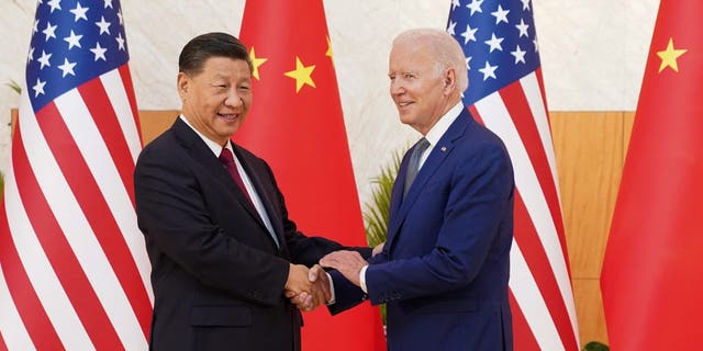 U.S. President Joe Biden shakes hands with Chinese President Xi Jinping as they meet on the sidelines of the G20 leaders' summit in Bali, Indonesia, November 14, 2022.  