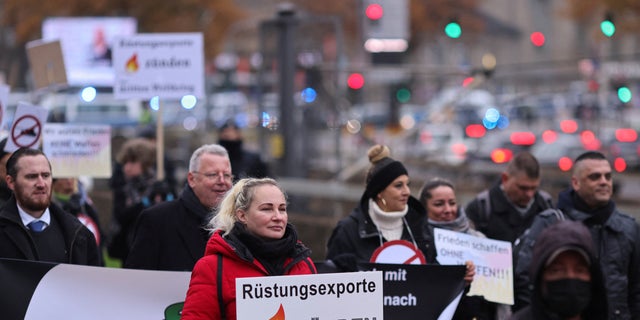 Elena Kolbasnikova, an organizer and leader of pro-Russia rallies, and originally from Ukraine, attends a rally in Cologne, Germany, Dec. 4, 2022. 