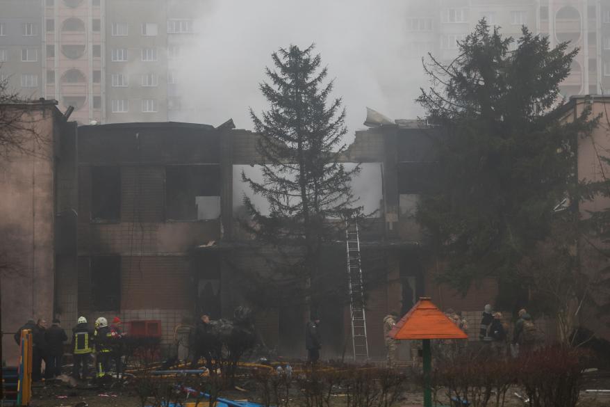 The site where a helicopter fell on civil infrastructure buildings, amid Russia's attack on Ukraine, in the town of Brovary, Ukraine on Jan. 18, 2023.