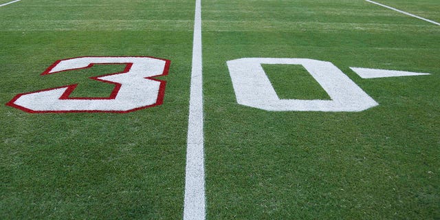 A view of the painted 30-yard line to honor No. 3 Damar Hamlin of the Buffalo Bills prior to a game between the Jacksonville Jaguars and the Tennessee Titans at TIAA Bank Field Jan. 7, 2023 in Jacksonville, Fla.