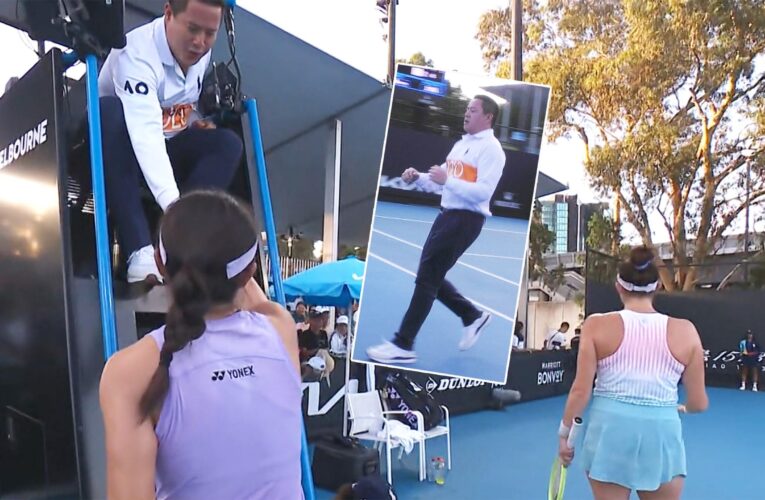 Wild moment umpire runs after fan as player’s towel taken at end of match