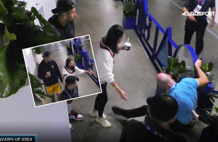 Australian Open: Oh no! Nick Kyrgios and girlfriend Costeen Hatzi watch on in horror as security man falls over plant