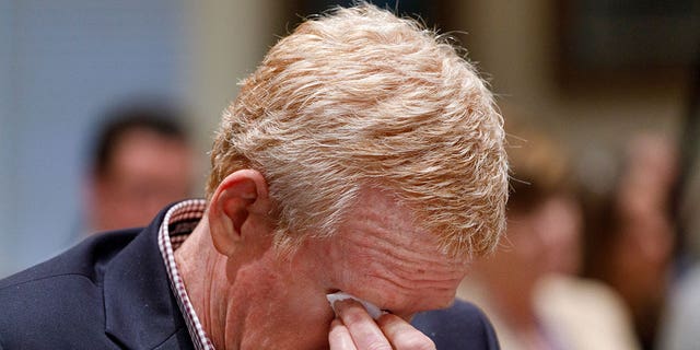 Alex Murdaugh becomes emotional after seeing his family in the courtroom as opening statements begin at the Colleton County Courthouse in Walterboro, South Carolina, Jan. 25, 2023.