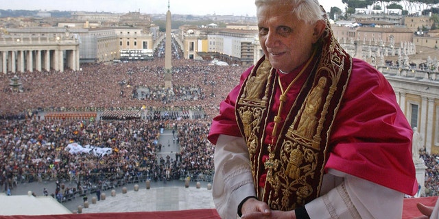 Pope Benedict XVI appears on the balcony of St Peter's Basilica in the Vatican after being elected by the conclave of cardinals, April 19, 2005.